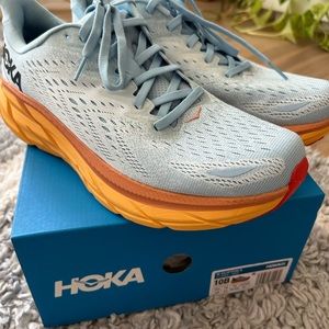 Women's HOKA Clifton 8 Running Shoes NEW IN BOX 10B Summer Song/Ice Flow blue
